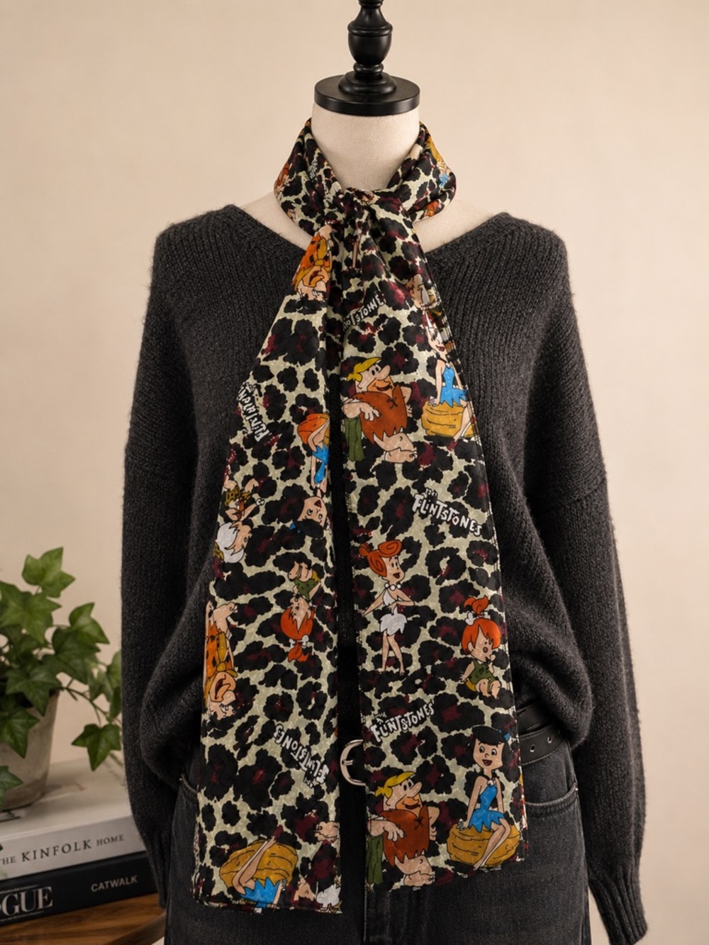 Vintage Y2K Flintstones Leopard Print Cartoon Scarf Fred Barney Wilma Retro